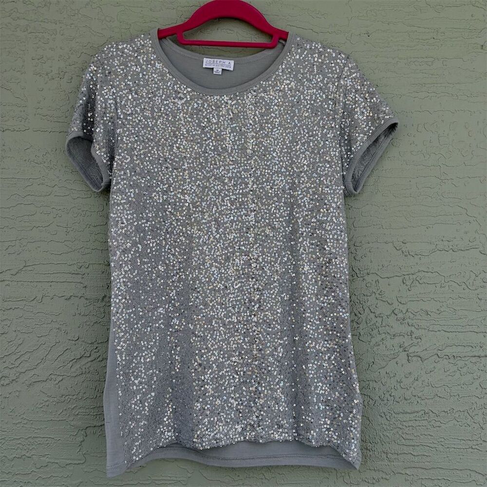 Joseph A. Women's Silver Sequin Short-Sleeve Party T-Shirt Size M